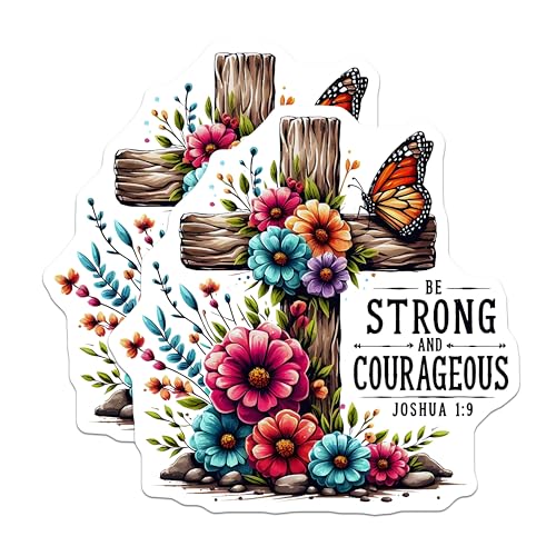 (2 Pack) Be Strong and Courageous Stickers - Joshua 1:9 Bible Quote - Christian Inspirational Floral Cross - 5" On Longest Side - Sticks to Smooth Flat Surfaces - Made in USA - BMCS9635