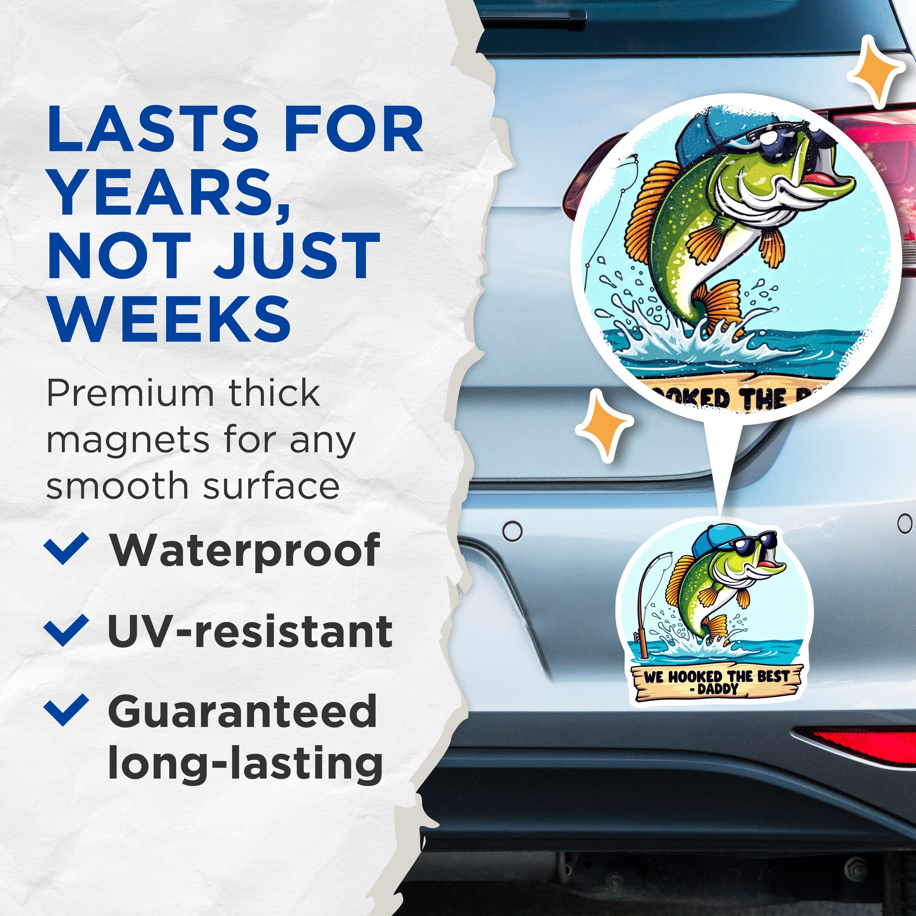 (2 Pack) Fishing Daddy Magnets - Cool Bass Fish Refrigerator Decor - Fathers Day Present from Kids - 5 Inches On Longest Side - Thick Durable Magnet - Made in USA - MAG39721
