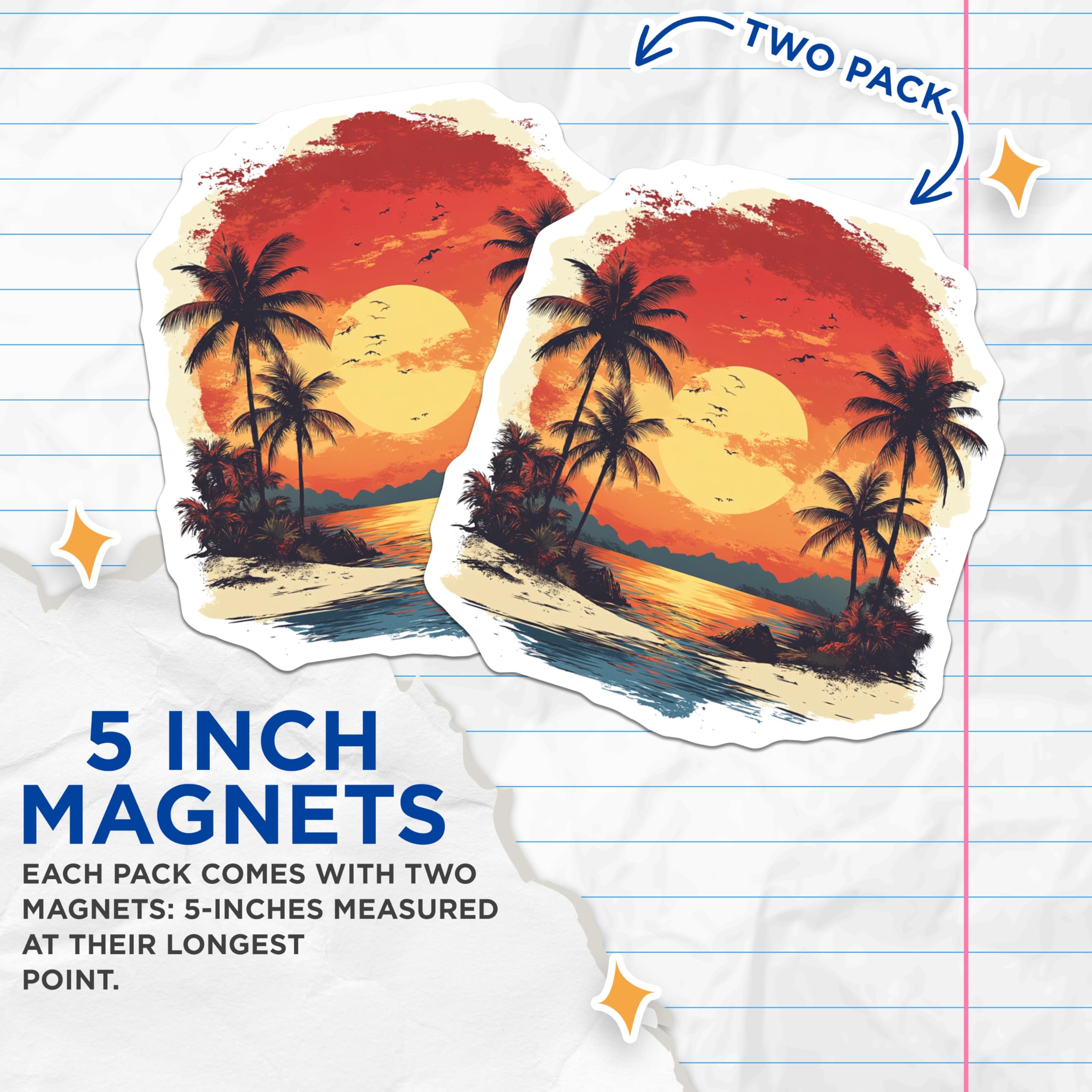 (2 Pack) Tropical Sunset Magnets - Beach Scene Decor - Palm Tree Ocean View - Summer Vacation Fridge Art - 5 Inches On Longest Side - Thick Durable Magnet - Made in USA - MAG26513