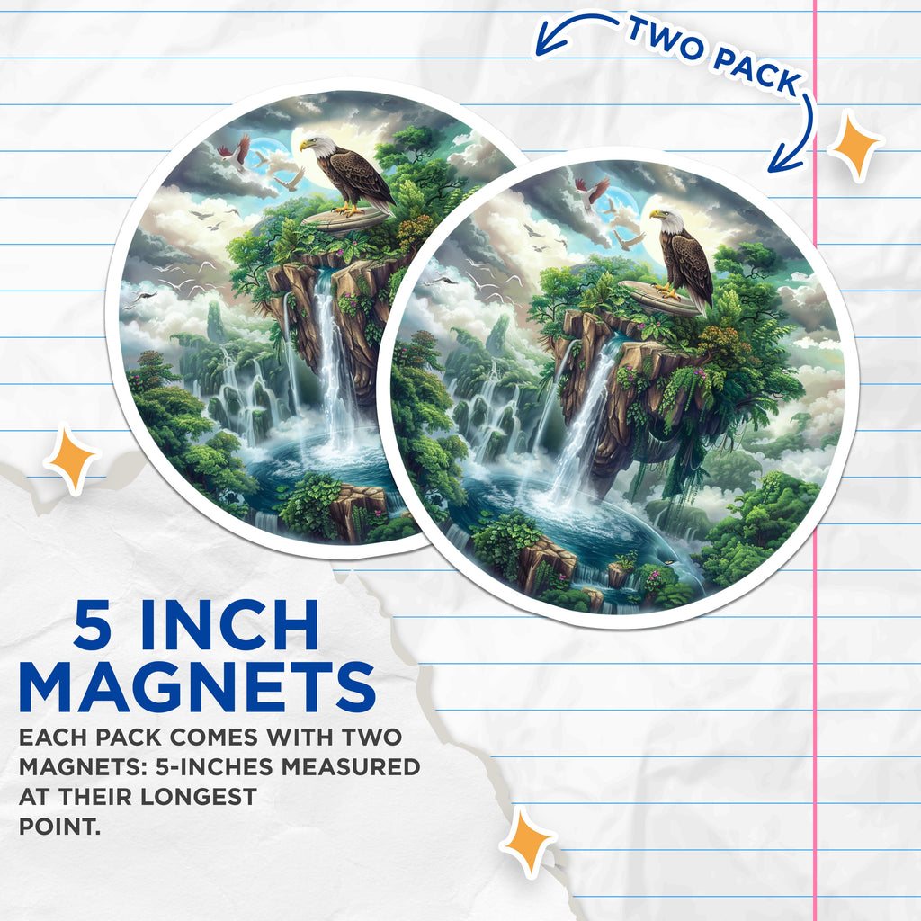 (2 Pack) Bald Eagle Fantasy Magnets - Waterfall Island Scenic Decor - Majestic Nature Art - Spiritual Animal Decor - 5 Inches On Longest Side - Thick Durable Magnet - Made in USA - MAG37725