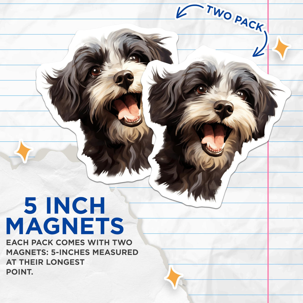 (2 Pack) Happy Fluffy Dog Magnets - Cute Pet Illustration Refrigerator Decor - Dog Mom Dad Kitchen Locker Office Art - 5 Inches On Longest Side - Thick Durable Magnet - Made in USA - MAG30740