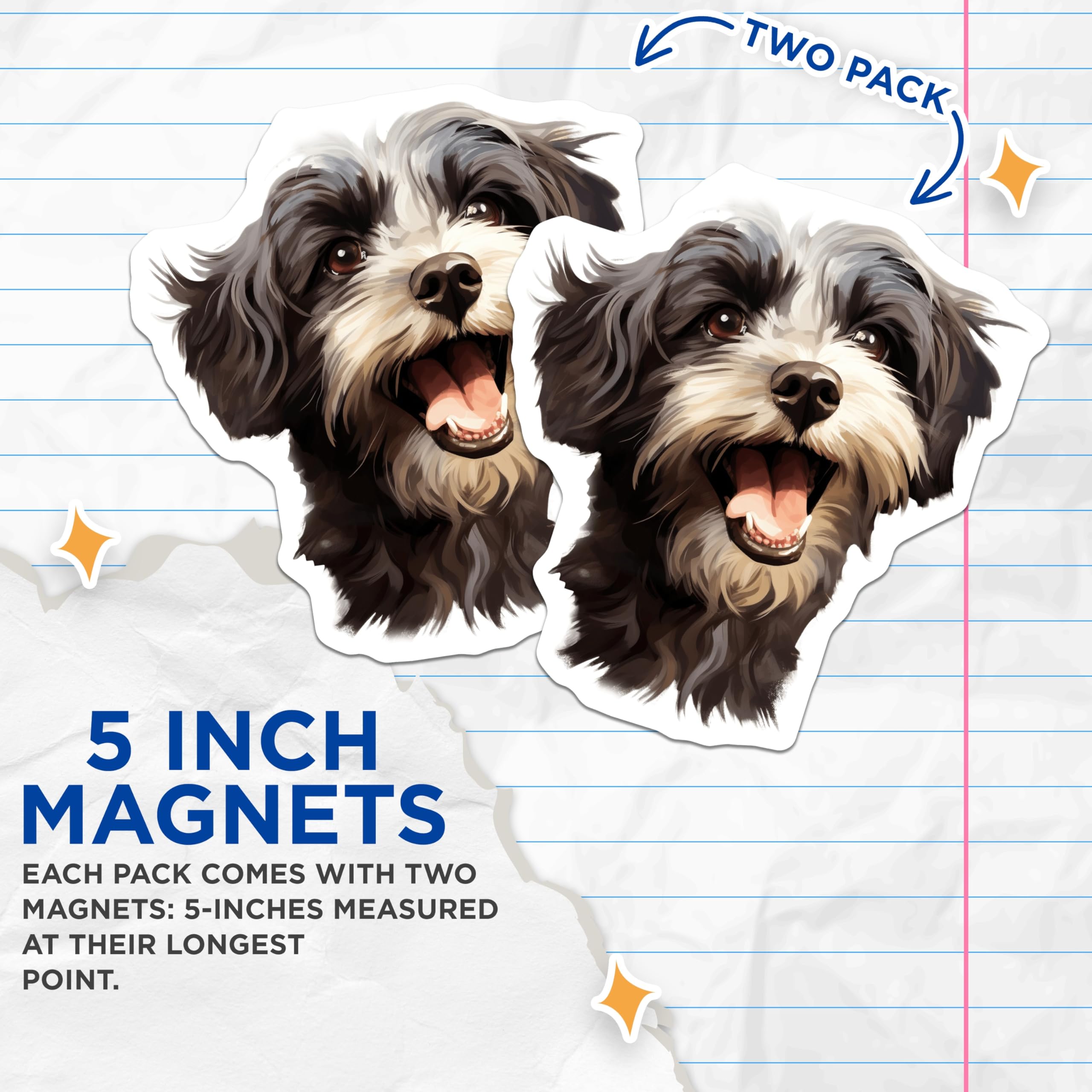 (2 Pack) Happy Fluffy Dog Magnets - Cute Pet Illustration Refrigerator Decor - Dog Mom Dad Kitchen Locker Office Art - 5 Inches On Longest Side - Thick Durable Magnet - Made in USA - MAG30740