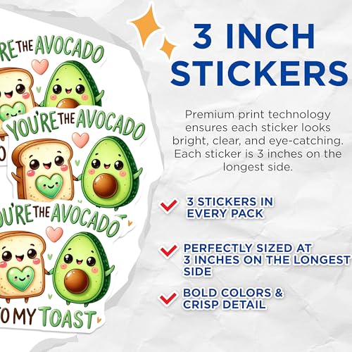 (3 Pack) Avocado Toast Decals - Cute Food Stickers - Laptop Decal - 3 Inches On Longest Side - Easy Peel & Apply - Made in USA - 3MCS2130
