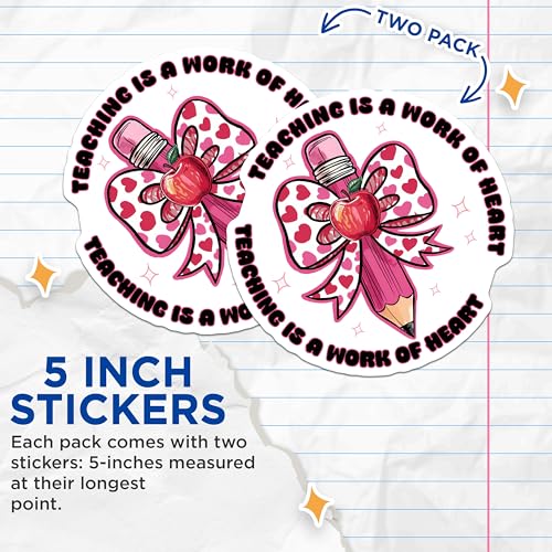 (2 Pack) Teaching is a Work of Heart Stickers - Teacher Appreciation - Cute Pencil and Apple Design - 5" On Longest Side - Sticks to Smooth Flat Surfaces - Made in USA - BMCS7660