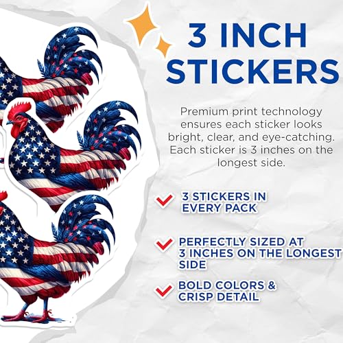 (3 Pack) American Flag Rooster Decals - Patriotic Chicken Stickers - USA Pride Decal- 3 Inches On Longest Side - Easy Peel & Apply - Made in USA - 3MCS5944