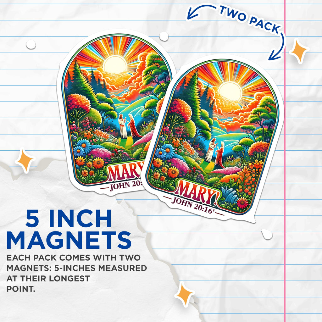 (2 Pack) Mary John 20:16 Magnets - Psychedelic Christian Art - Jesus Resurrection Spiritual Decor - 5 Inches On Longest Side - Thick Durable Magnet - Made in USA - MAG29836