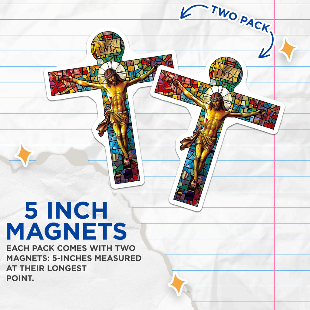 (2 Pack) Stained Glass Crucifix Magnets - Religious Christ Art - Christian Faith Decor - Devotional Catholic - 5 Inches On Longest Side - Thick Durable Magnet - Made in USA - MAG39632