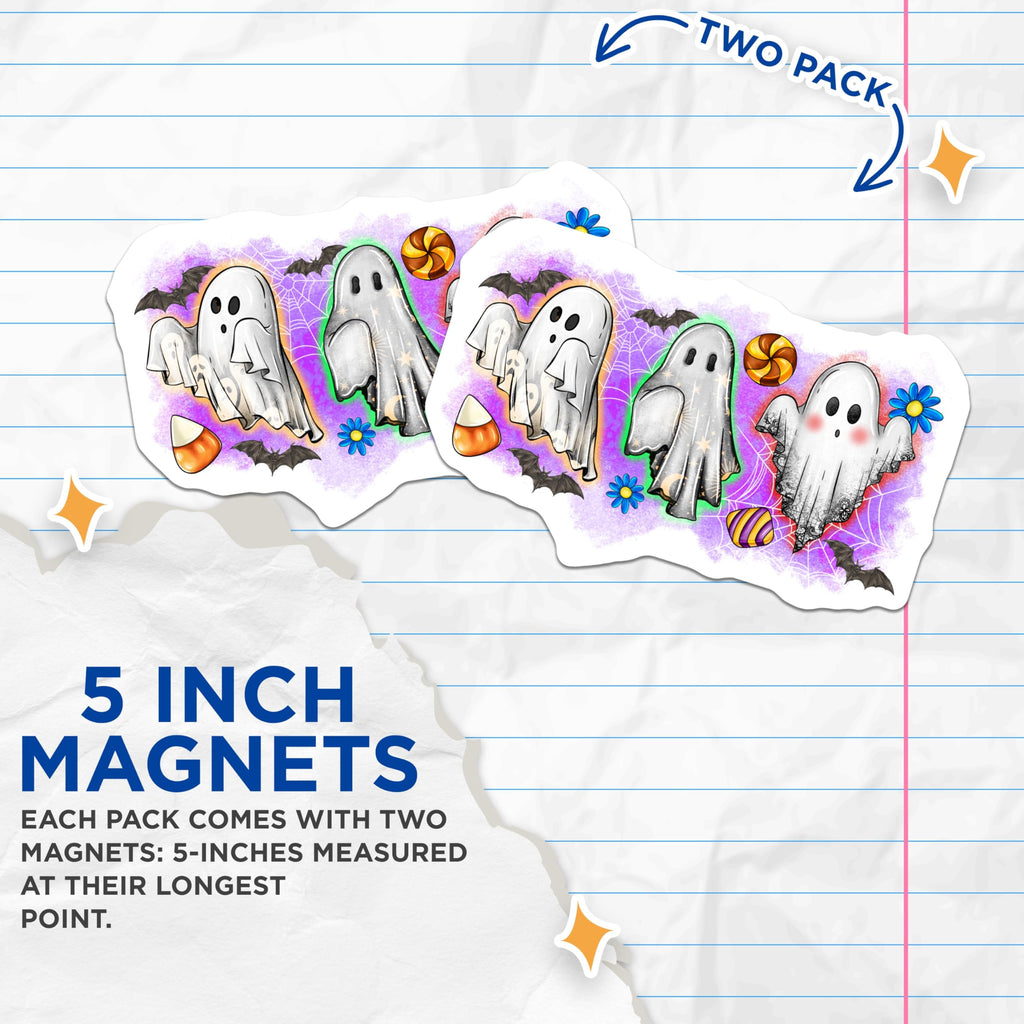 (2 Pack) Cute Halloween Ghost Magnets - Spooky Kawaii Decor - Refrigerator Locker Kitchen Magnets - 5 Inches On Longest Side - Thick Durable Magnet - Made in USA - MAG29116