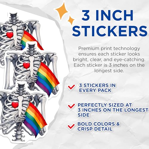 (3 Pack) Skeleton Pride Flag Decals - LGBT Heart Decal - Laptop Stickers- 3 Inches On Longest Side - Easy Peel & Apply - Made in USA - 3MCS5981