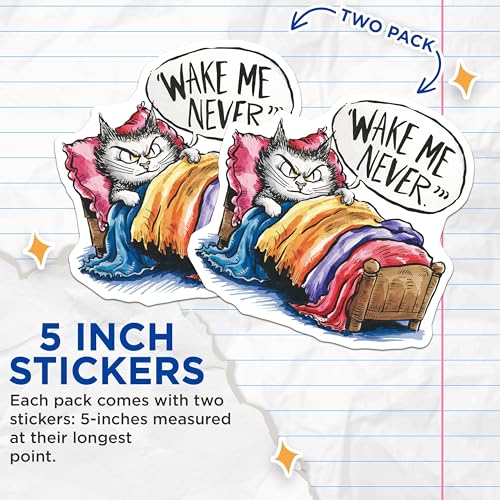 (2 Pack) Cat Stickers - Funny Cat Quote - Wake Me Never - 5" On Longest Side - Sticks to Smooth Flat Surfaces - Made in USA - BMCS8554