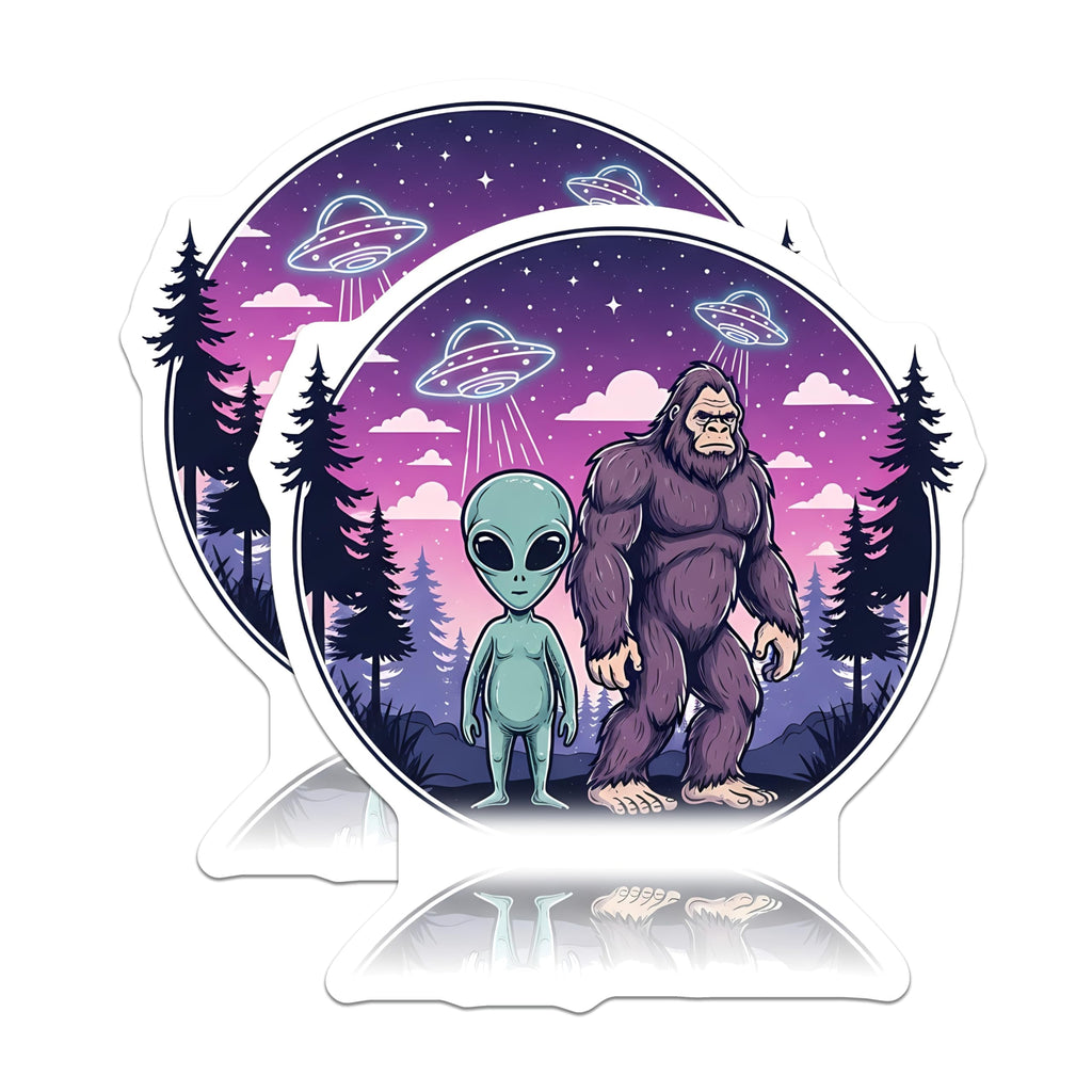 (2 Pack) Bigfoot Alien Magnets - Sasquatch UFO Sci-Fi Decor - Extraterrestrial Forest Night Sky Cryptid Enthusiast - 5 Inches On Longest Side - Thick Durable Magnet - Made in USA - MAG20514