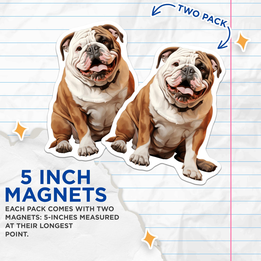 (2 Pack) Bulldog Magnets - Happy English Bulldog Art - Pet Dog Lover Home Fridge Locker Magnetic Decor Display - 5 Inches On Longest Side - Thick Durable Magnet - Made in USA - MAG24837