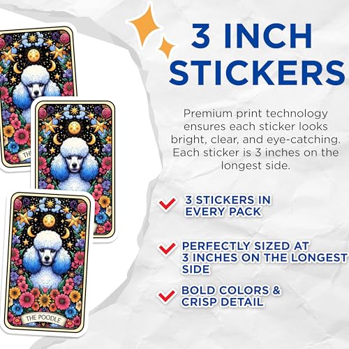 (3 Pack) Poodle Tarot Card Decals - Whimsical Art Stickers - Dog Lover Decal - 3 Inches On Longest Side - Easy Peel & Apply - Made in USA - 3MCS4035