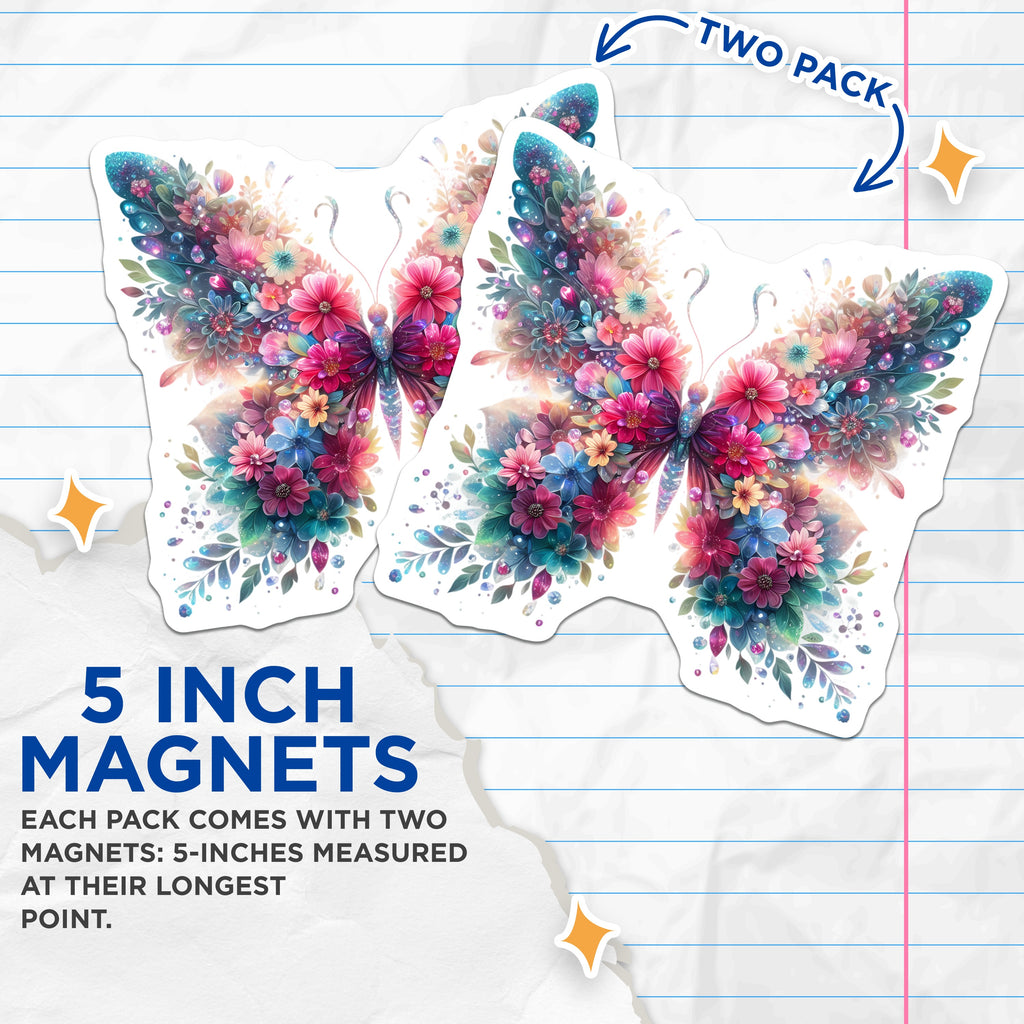 (2 Pack) Floral Butterfly Magnets - Whimsical Flower Decor - Spring Refrigerator Magnet Set - Vibrant Nature Art - 5 Inches On Longest Side - Thick Durable Magnet - Made in USA - MAG39121