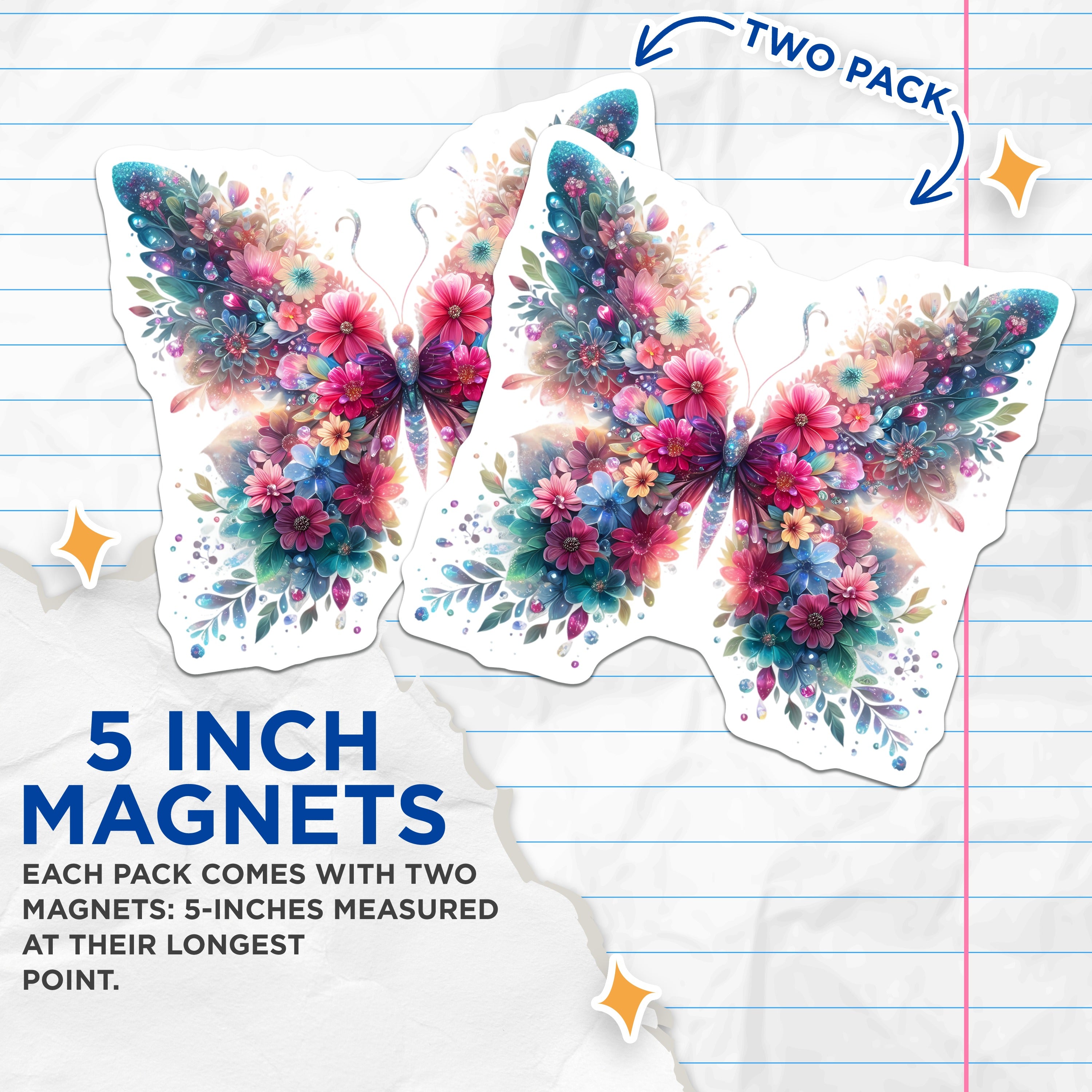 (2 Pack) Floral Butterfly Magnets - Whimsical Flower Decor - Spring Refrigerator Magnet Set - Vibrant Nature Art - 5 Inches On Longest Side - Thick Durable Magnet - Made in USA - MAG39121