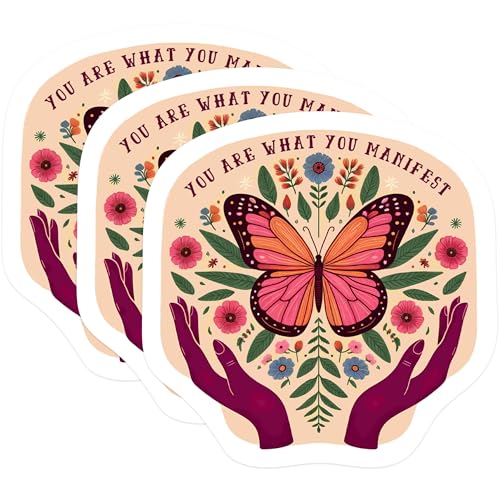 (3 Pack) Manifestation Butterfly Decals - Positive Affirmation - Floral Decals - 3 Inches On Longest Side - Easy Peel & Apply - Made in USA - 3MCS1072