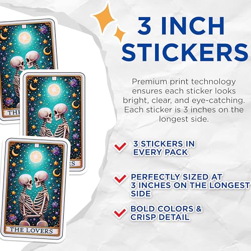 (3 Pack) Lovers Tarot Card Decals - Skeleton Decal - Occult Decal - 3 Inches On Longest Side - Easy Peel & Apply - Made in USA - 3MCS4216