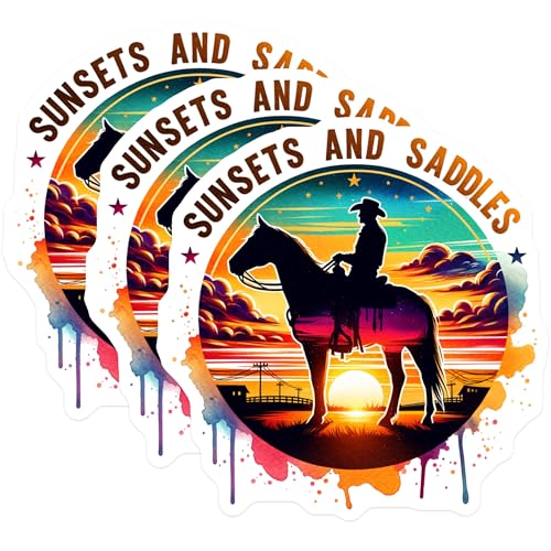 (3 Pack) Cowboy Horse Decals - Sunset and Saddles Stickers - Western Laptop Art- 3 Inches On Longest Side - Easy Peel & Apply - Made in USA - 3MCS5186