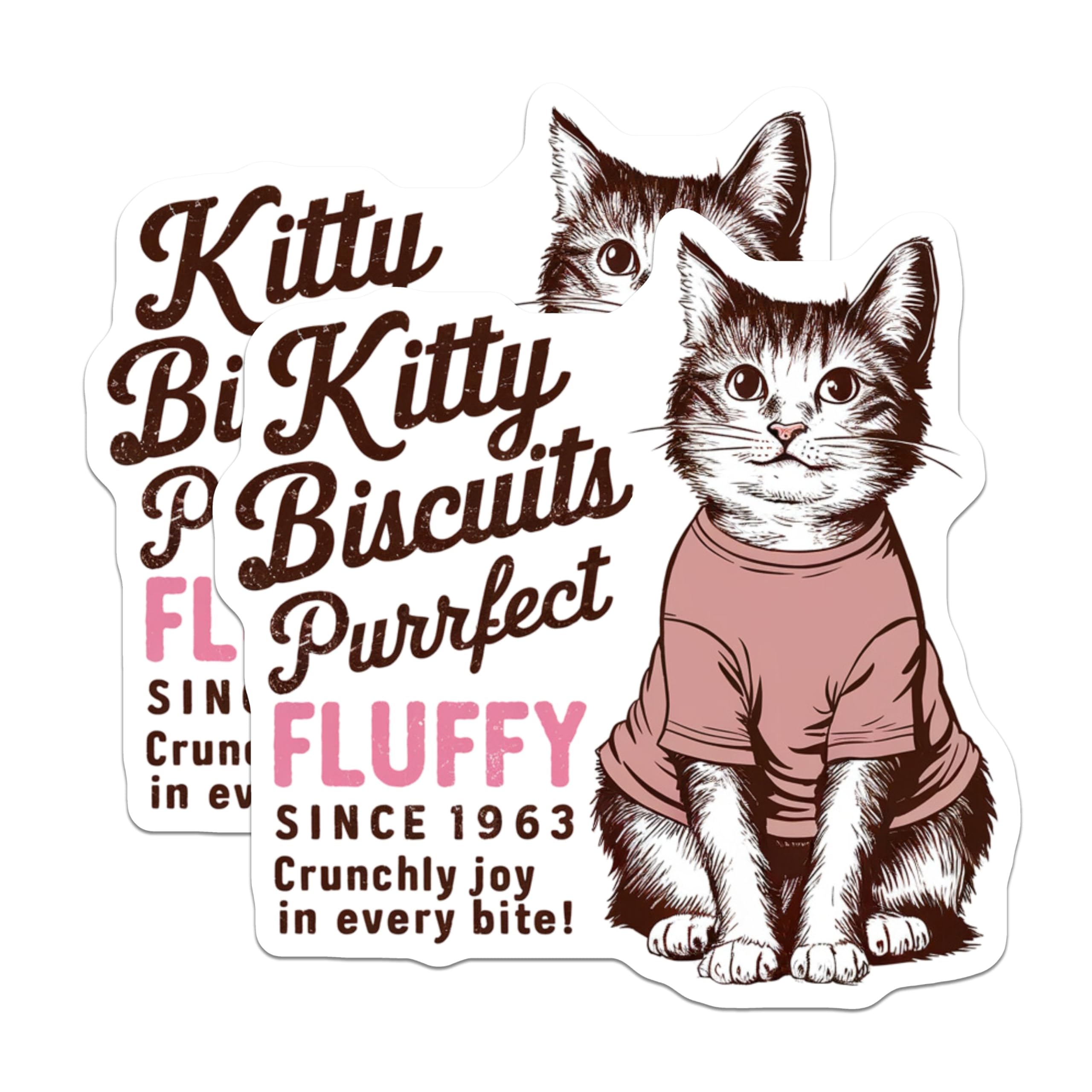 (2 Pack) Kitty Biscuits Purrfect Fluffy Stickers - Cute Cat Decal - Fun Kitty Decoration - 5" On Longest Side - Sticks to Smooth Flat Surfaces - Made in USA - BMCS5897