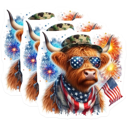 (3 Pack) Highland Cow Decals - Patriotic Bull - American Flag Decal- 3 Inches On Longest Side - Easy Peel & Apply - Made in USA - 3MCS5130