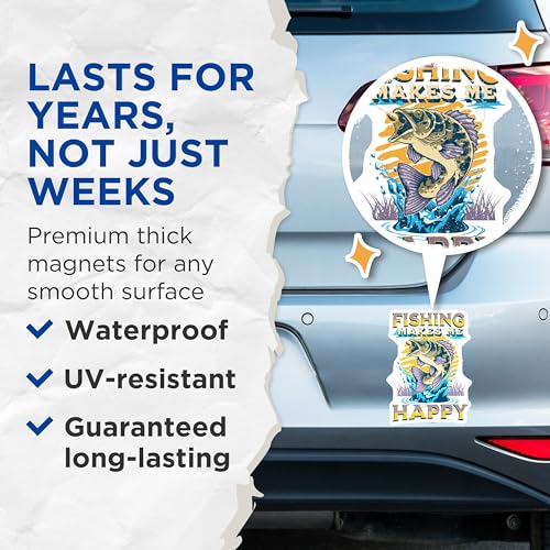 (2 Pack) Fishing Makes Me Happy Magnets - Funny Fishing Magnets - Fisherman Decor Magnets - 5" On Longest Side - for Cars, Refrigerators, Toolboxes, Lockers - Made in USA BMCS3464