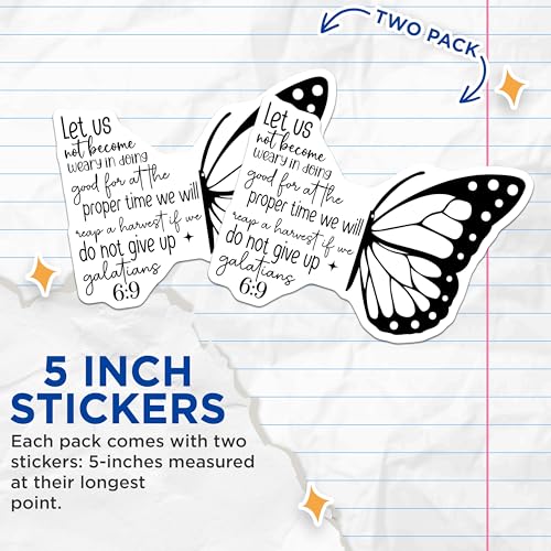 (2 Pack) Inspirational Butterfly Stickers - Bible Verse Stickers - Galatians 6:9 Stickers - 5" On Longest Side - Sticks to Smooth Flat Surfaces - Made in USA - BMCS3854