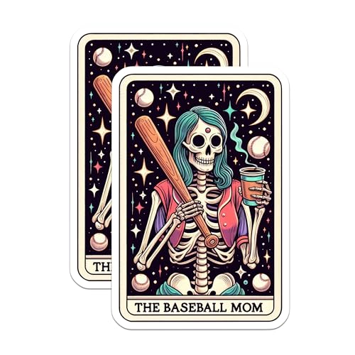 (2 Pack) Baseball Mom Stickers - Skeleton with Bat Stickers - Sports Mom Decal - 5" On Longest Side - Sticks to Smooth Flat Surfaces - Made in USA - BMCS5354