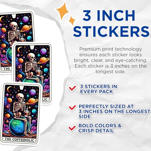 (3 Pack) Coffeeholic Skeleton Decals - Outer Space Planets - Laptop Decals - 3 Inches On Longest Side - Easy Peel & Apply - Made in USA - 3MCS4136
