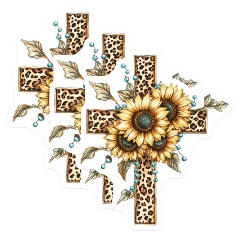 (3 Pack) Leopard Cross Decals - Sunflower Stickers - Faith Decorations - 3 Inches On Longest Side - Easy Peel & Apply - Made in USA - 3MCS7490