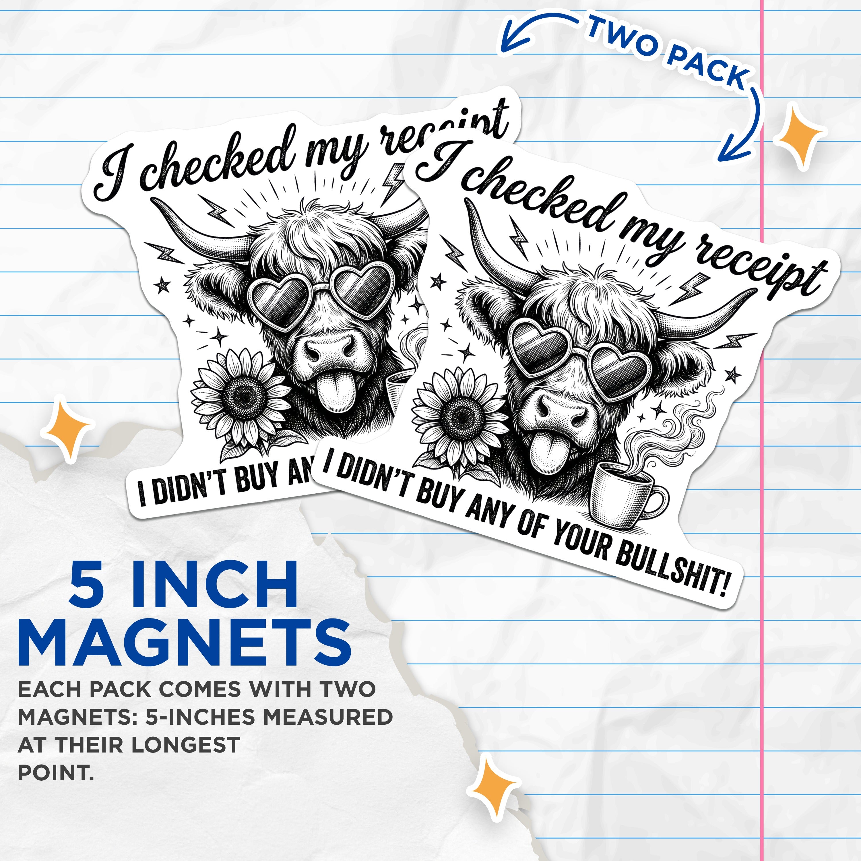 (2 Pack) Highland Cow Magnets - Sarcastic Quote - Funny Fridge Decor - Witty Coffee Lover Accessory - 5 Inches On Longest Side - Thick Durable Magnet - Made in USA - MAG39316