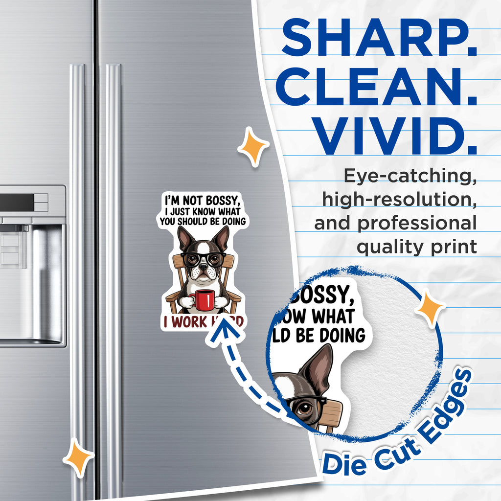 (2 Pack) Bossy Dog Coffee Magnets - Boston Terrier Decor - Funny Pet Owner Refrigerator Magnets - 5 Inches On Longest Side - Thick Durable Magnet - Made in USA - MAG39824