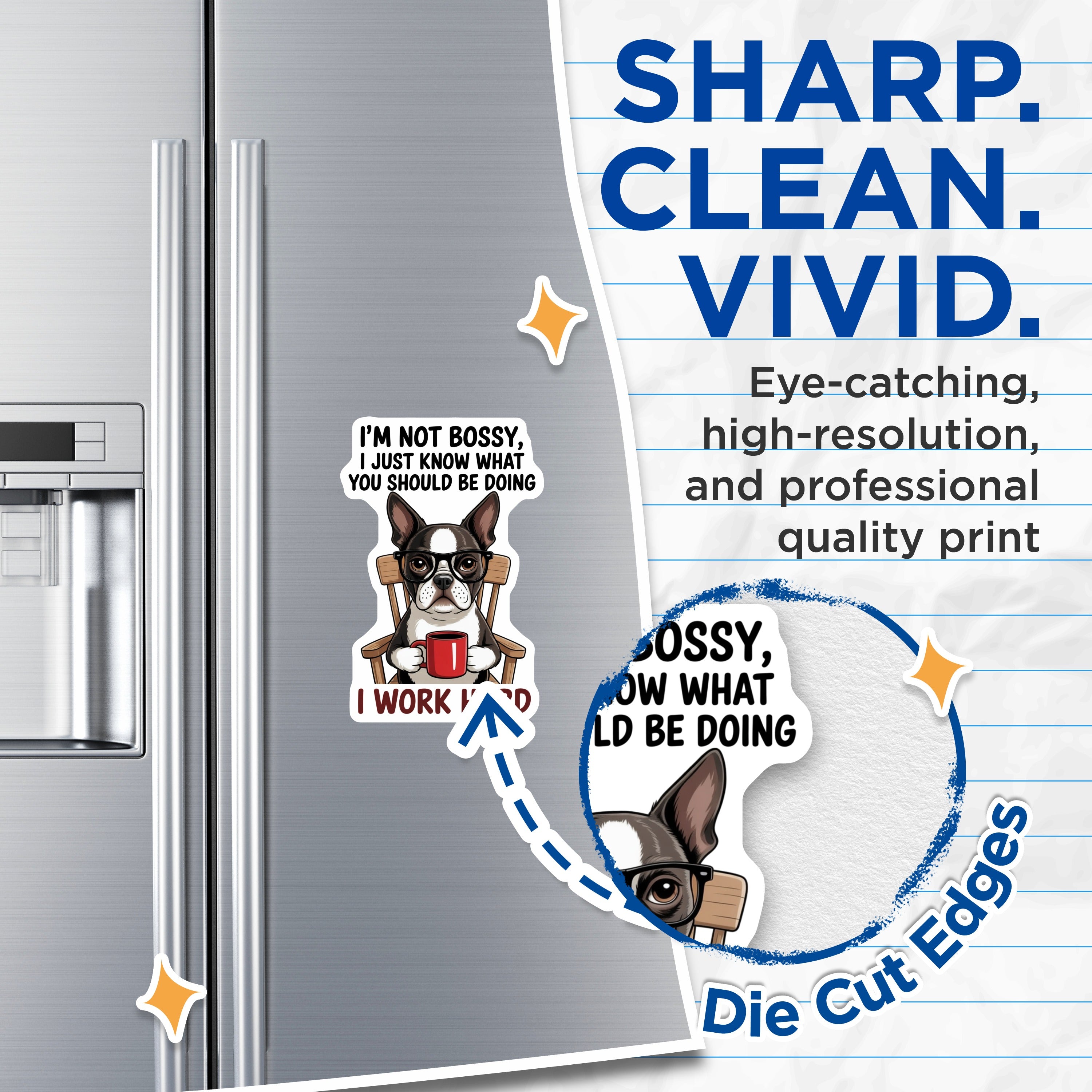 (2 Pack) Bossy Dog Coffee Magnets - Boston Terrier Decor - Funny Pet Owner Refrigerator Magnets - 5 Inches On Longest Side - Thick Durable Magnet - Made in USA - MAG39824