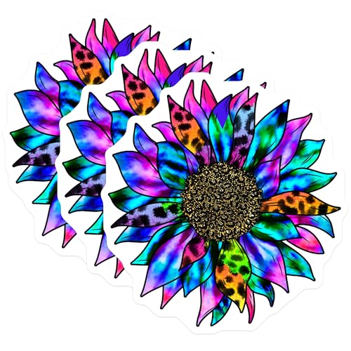 (3 Pack) Tie Dye Sunflower Decals - Colorful Floral - Laptop Decal - 3 Inches On Longest Side - Easy Peel & Apply - Made in USA - 3MCS4487