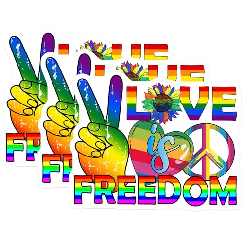 (3 Pack) Love is Freedom Decals - Rainbow Pride - Peace Decal - Laptop Decal - 3 Inches On Longest Side - Easy Peel & Apply - Made in USA - 3MCS7957