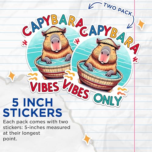 (2 Pack) Capybara Vibes Only Stickers - Cute Animal Stickers - Fun Cartoon Capybara Stickers - 5" On Longest Side - Sticks to Any Smooth Flat Surface - Made in USA - BMCS2668