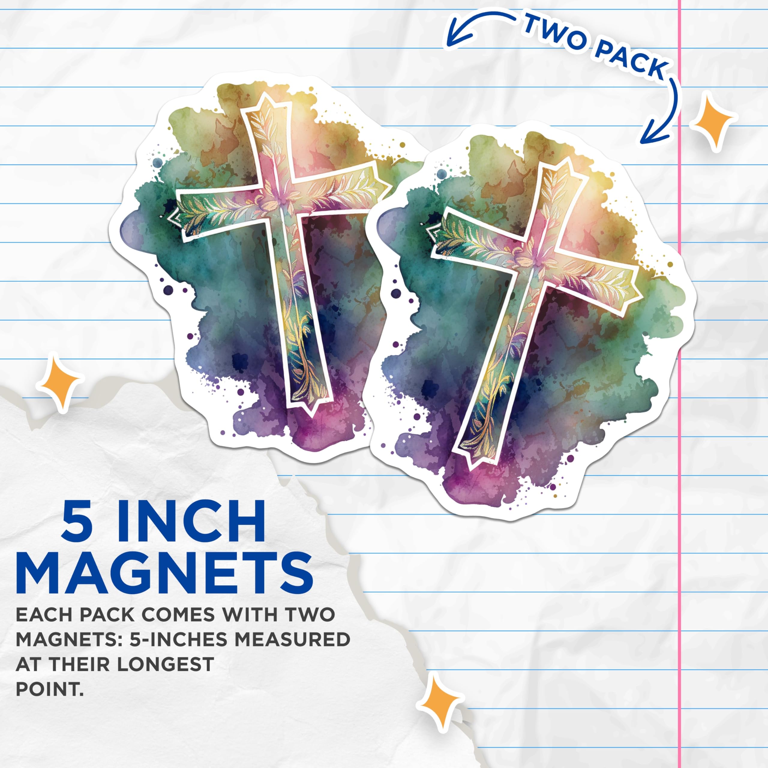 (2 Pack) Christian Cross Magnets - Watercolor Religious Art - Spiritual Faith Decor - 5 Inches On Longest Side - Thick Durable Magnet - Made in USA - MAG19828