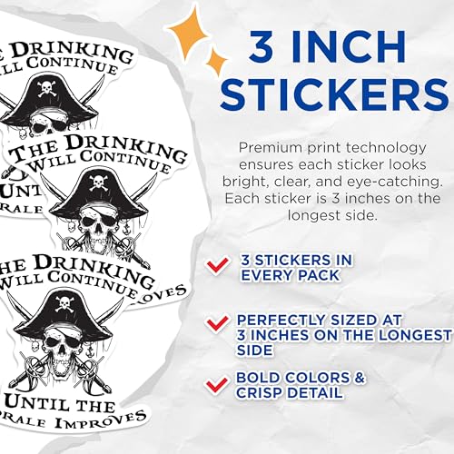 (3 Pack) Pirate Skull Decals - Drinking Morale Decal - Laptop Decal - 3 Inches On Longest Side - Easy Peel & Apply - Made in USA - 3MCS0521