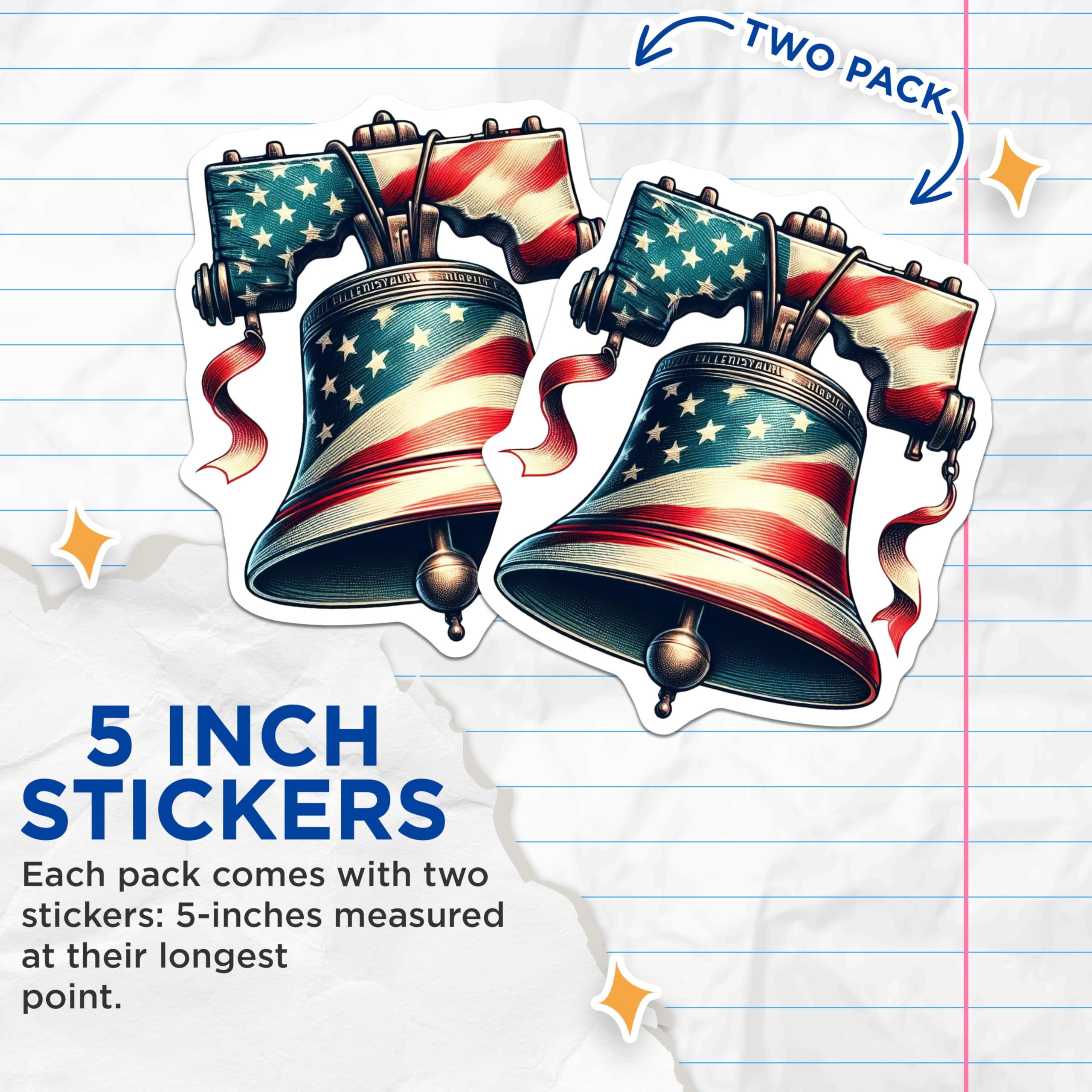 (2 Pack) Liberty Bell Stickers - American Flag Decals - Patriotic Stickers 5" On Longest Side - Sticks to Smooth Flat Surfaces - Made in USA - BMCS13301