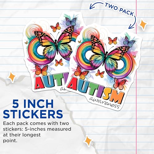 (2 Pack) Autism Awareness Stickers - Rainbow Butterfly - Inspirational Decals - 5" On Longest Side - Sticks to Smooth Flat Surfaces - Made in USA - BMCS9696