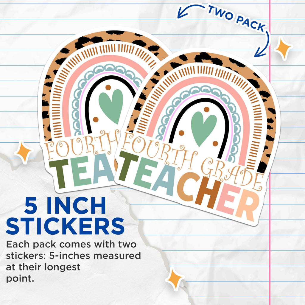 (2 Pack) Fourth Grade Teacher Stickers - Rainbow Teacher - 5" On Longest Side - Sticks to Smooth Flat Surfaces - Made in USA - BMCS8799 - BMCS8799
