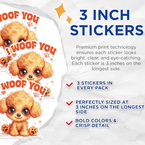 (3 Pack) I Woof You Decals - Cute Dog Puppy - Pet Lover Gift - 3 Inches On Longest Side - Easy Peel & Apply - Made in USA - 3MCS1245