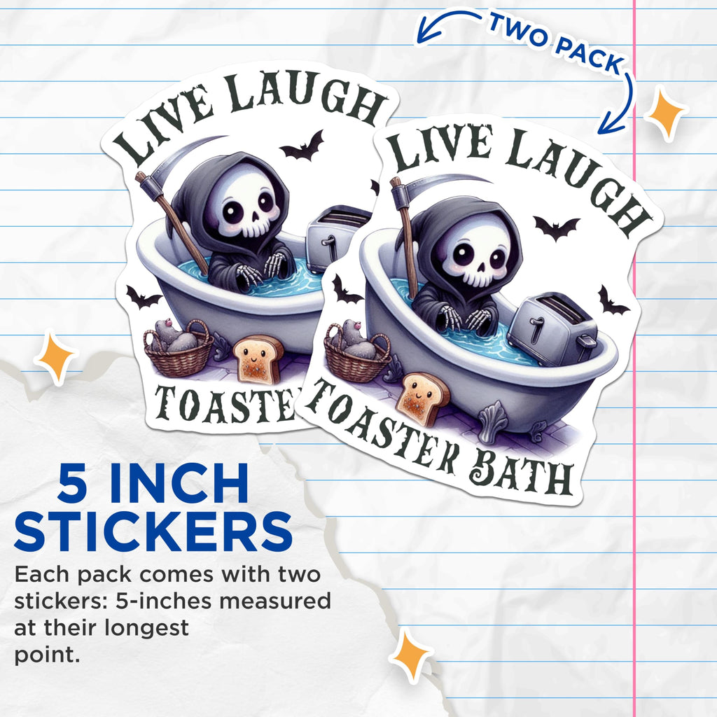 (2 Pack) Live Laugh Toaster Bath Stickers - Cute Grim Reaper Bathtub - Funny Kitchen Decor - Kawaii Skeleton Bat - 5" On Longest Side - Sticks to Smooth Flat Surfaces - Made in USA - BMCS6854