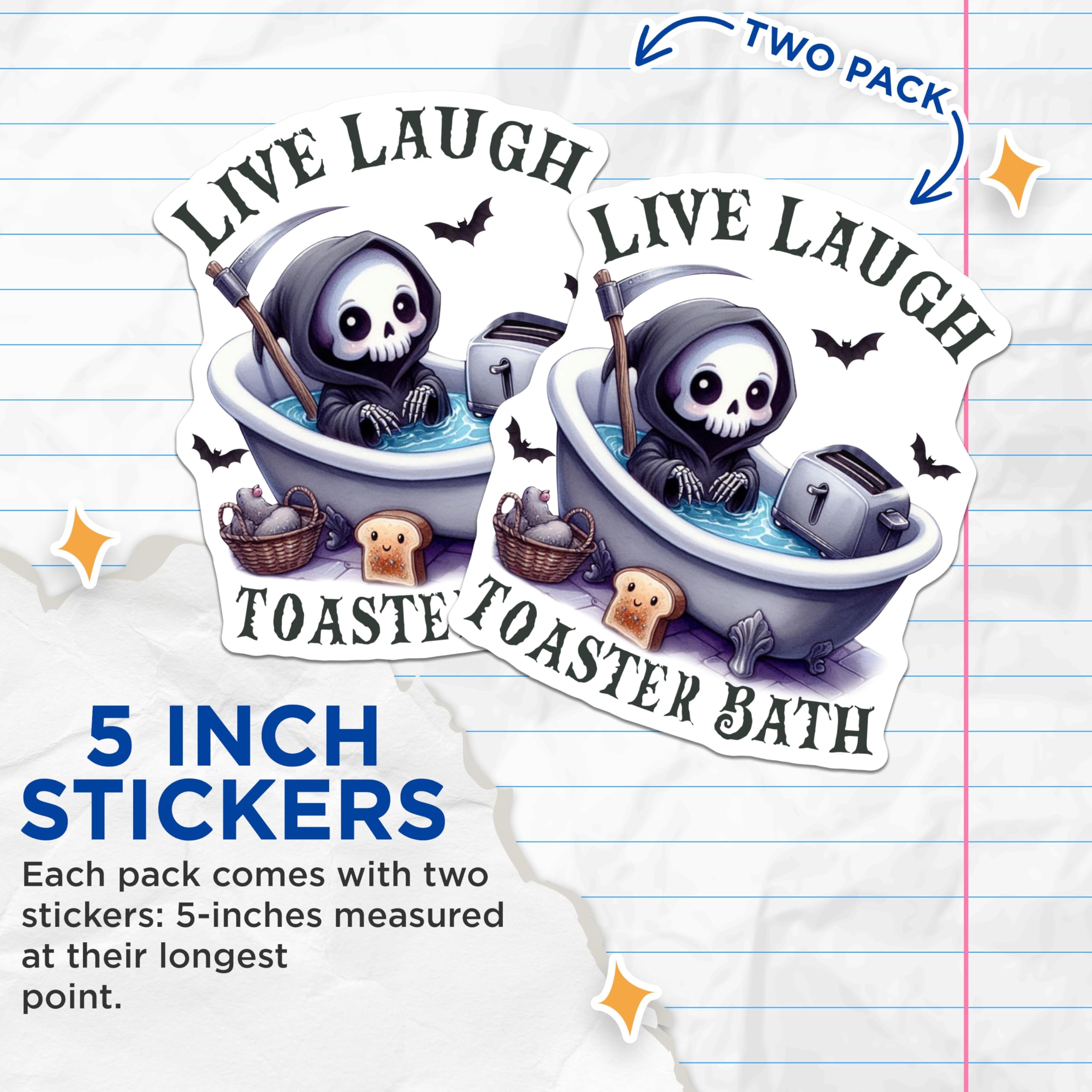 (2 Pack) Live Laugh Toaster Bath Stickers - Cute Grim Reaper Bathtub - Funny Kitchen Decor - Kawaii Skeleton Bat - 5" On Longest Side - Sticks to Smooth Flat Surfaces - Made in USA - BMCS6854