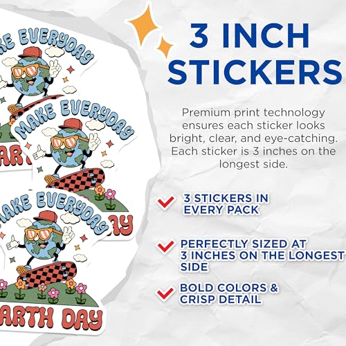 (3 Pack) Earth Day Decals - Planet Skateboard - Retro Stickers - 3 Inches On Longest Side - Easy Peel & Apply - Made in USA - 3MCS7485