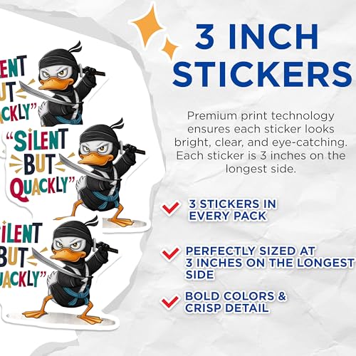 (3 Pack) Ninja Duck Decals - Silent But Quackly - Laptop Decals - 3 Inches On Longest Side - Easy Peel & Apply - Made in USA - 3MCS7241