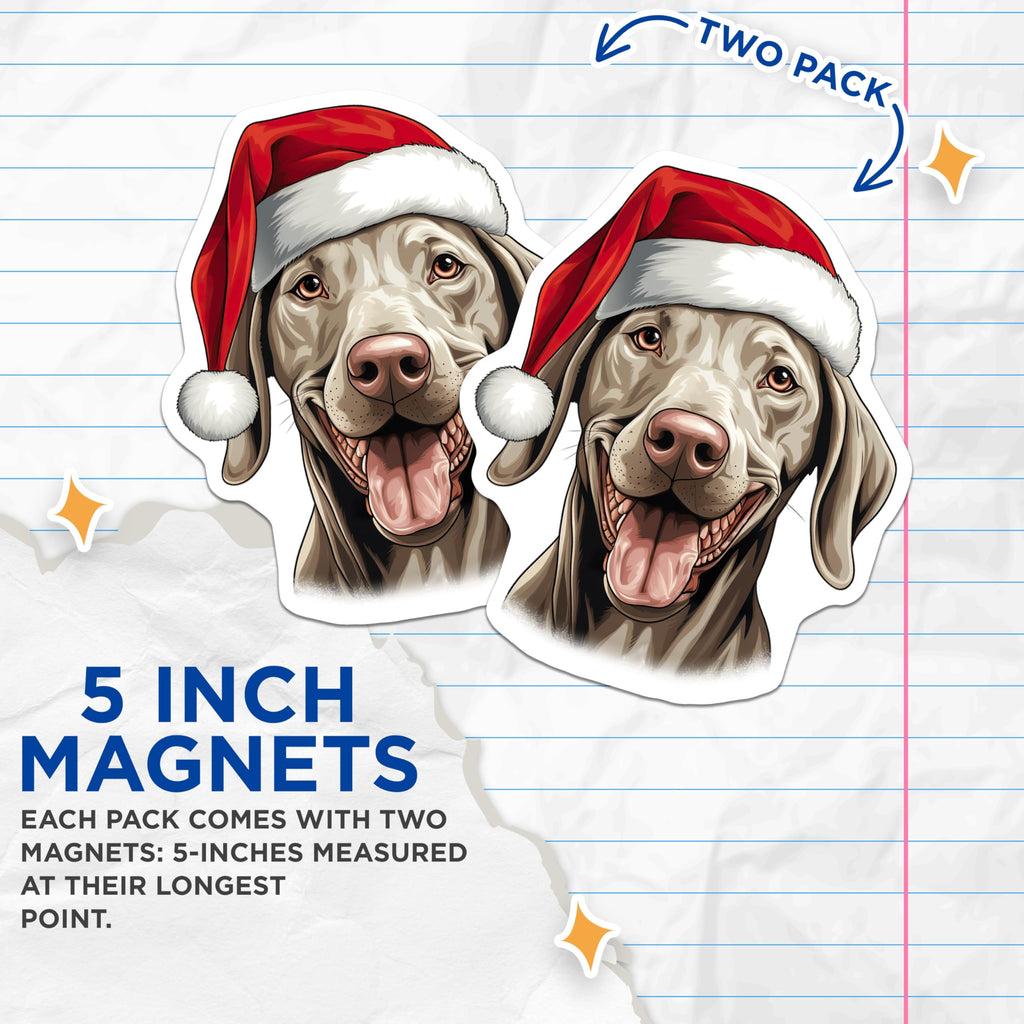 (2 Pack) Christmas Dog Magnets - Santa Hat Weimaraner Smiling - Happy Holiday Refrigerator Decor - 5 Inches On Longest Side - Thick Durable Magnet - Made in USA - MAG28013