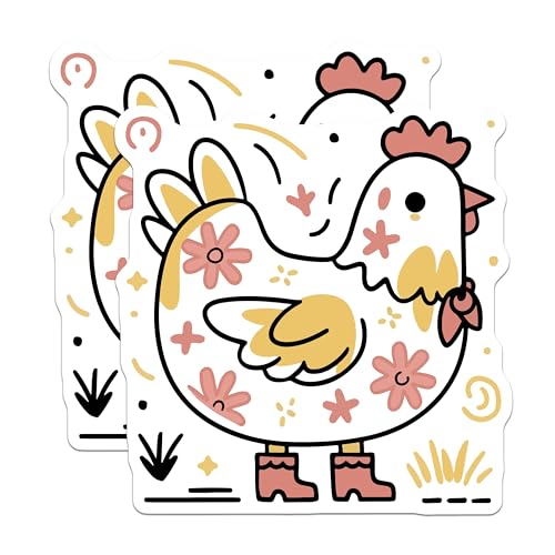 (2 Pack) Cute Chicken Stickers - Farm Animal Decals - Floral Hen Art Stickers for Kids and Adults - 5" On Longest Side - Sticks to Smooth Flat Surfaces - Made in USA - BMCS5749