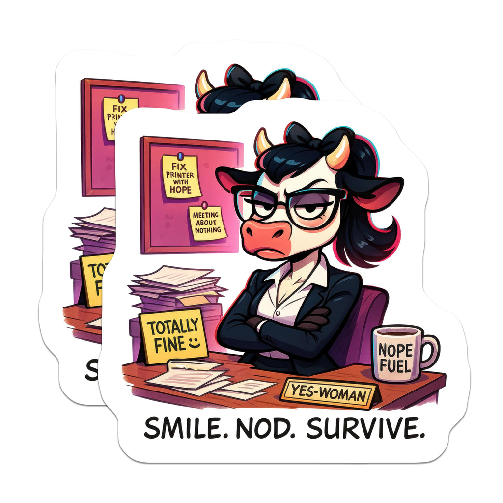 (2 Pack) Grumpy Cow Magnets - Office Humor Decor - Smile Nod Survive Quote - Workplace Stress Relatable - Desk Sarcasm - 5 Inches On Longest Side - Thick Durable Magnet - Made in USA - MAG20278