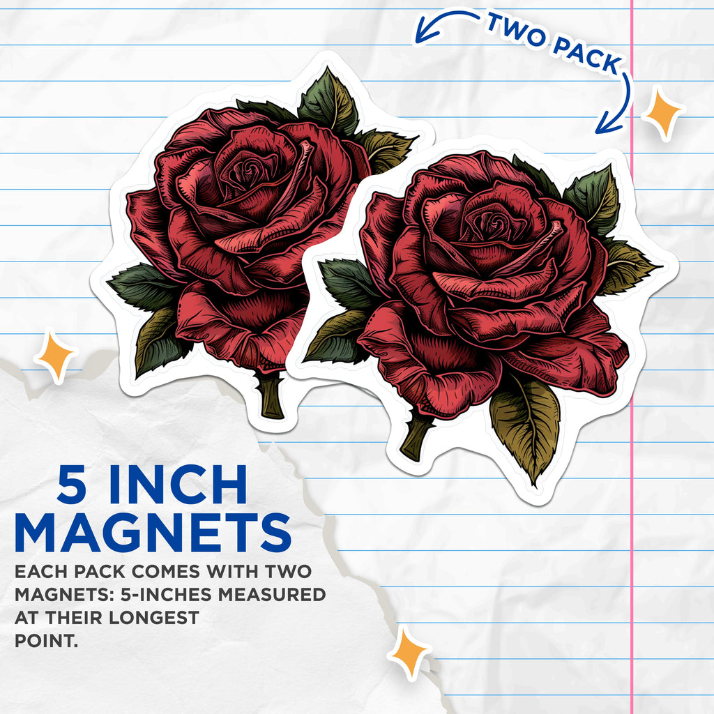 (2 Pack) Red Rose Magnets - Botanical Flower Decor - Romantic Floral Fridge Locker Whiteboard Accessory - 5 Inches On Longest Side - Thick Durable Magnet - Made in USA - MAG39415