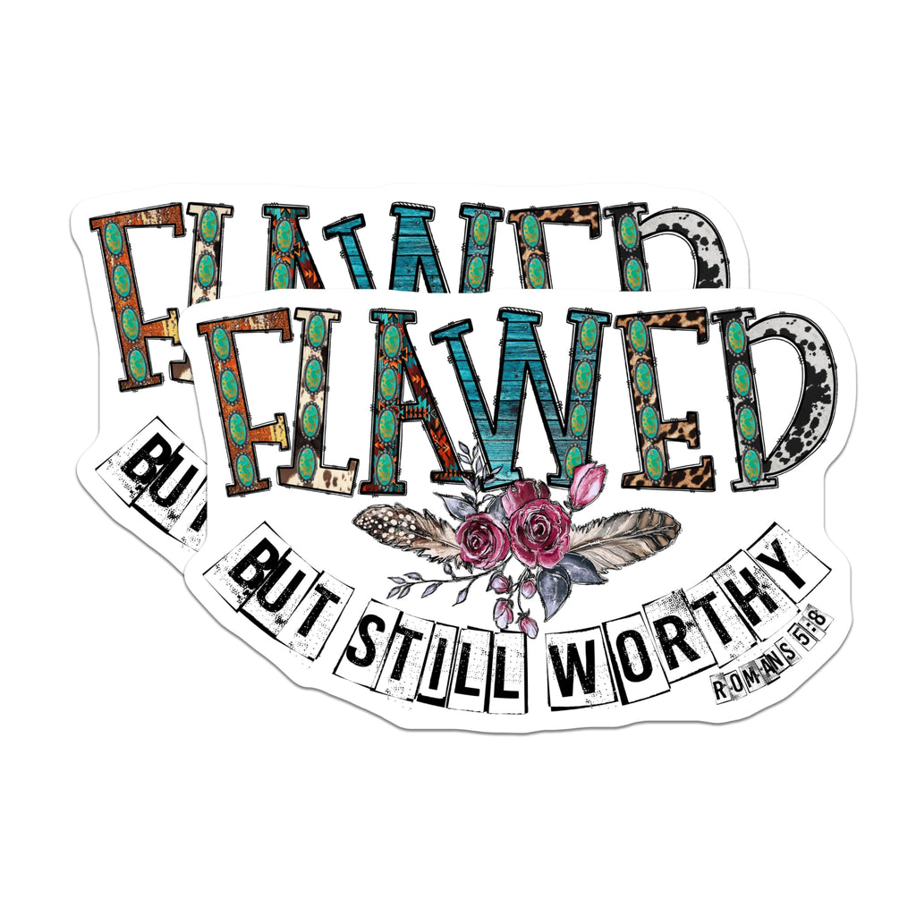 (2 Pack) Flawed But Worthy Magnets - Romans 5:8 Christian Scripture - Western Boho Faith Decor - 5 Inches On Longest Side - Thick Durable Magnet - Made in USA - MAG29722